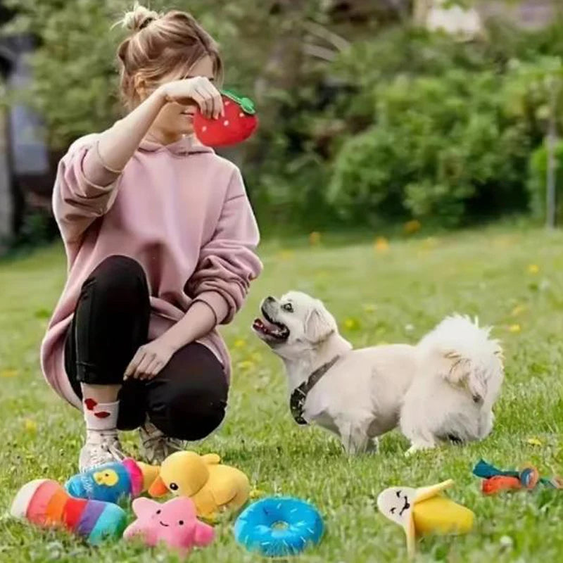 Ensemble 7 jouets vocaux en peluche pour chiots et chiens – fruits et légumes